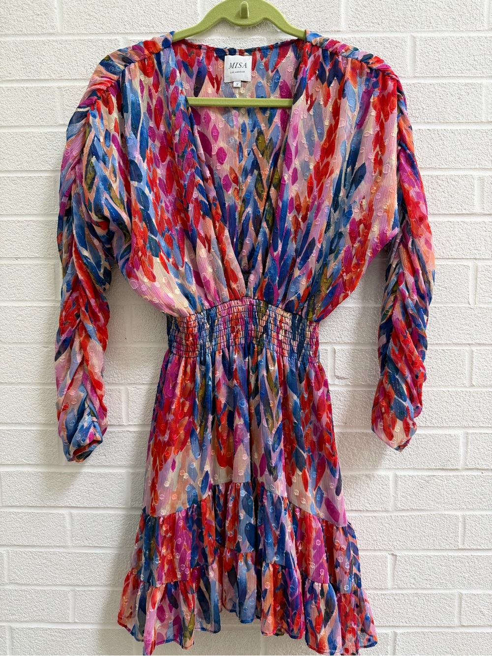 Misa Los Angeles Multicolor Feather-Print Mini Dress - Red, Blue, Pink